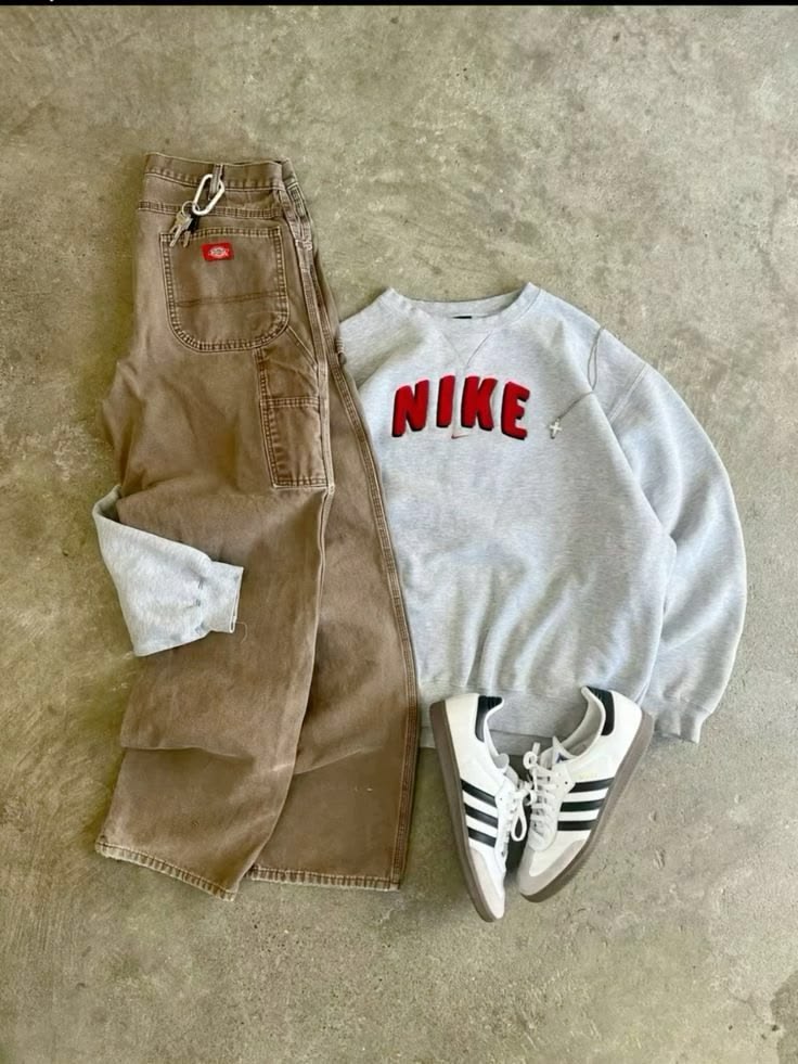Nike vintage grey crewneck with red logo, Dickies tan pants and Adidas Samba