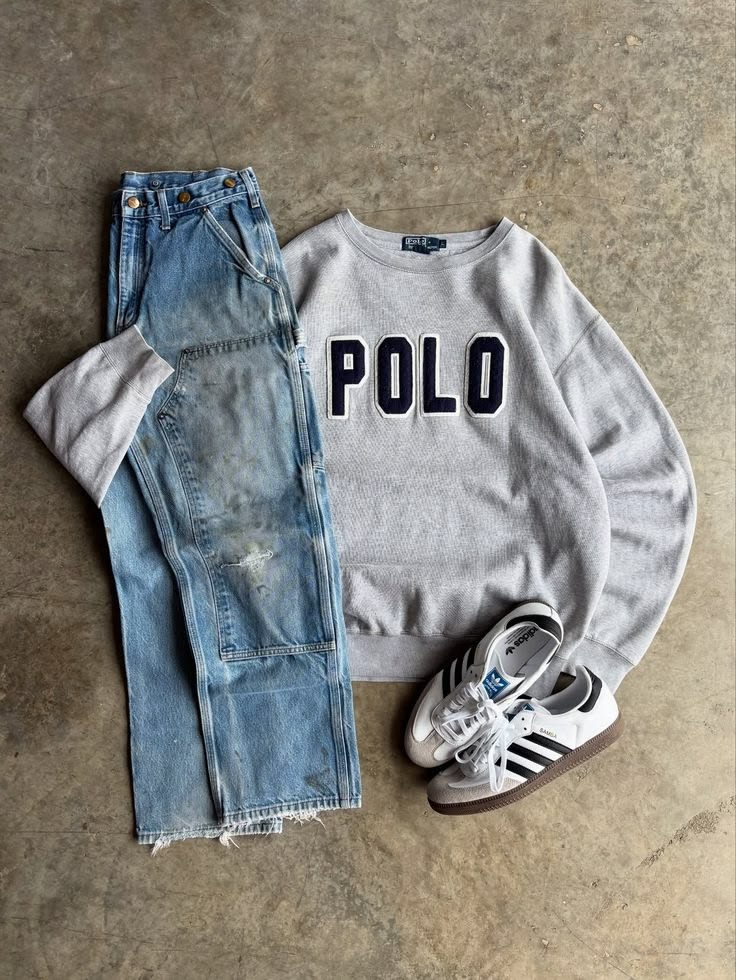 Polo Ralph Lauren vintage crewneck with wide-leg denim and Adidas Samba